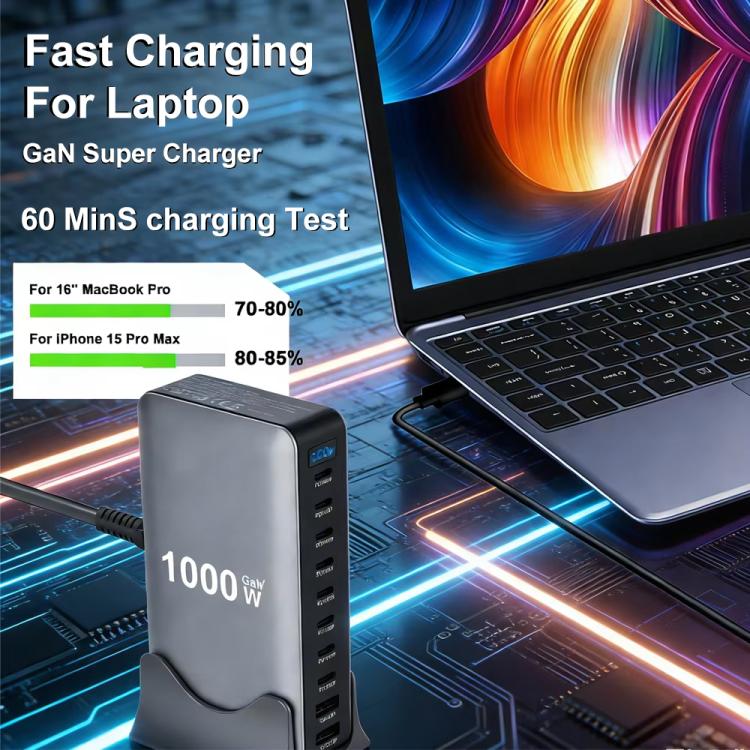 Chargeur multifonctionnel YMX-1000W 1000W avec 8 ports Type-C et 2 ports USB 10 à affichage numérique, prise AU, prise EU, prise UK, prise US