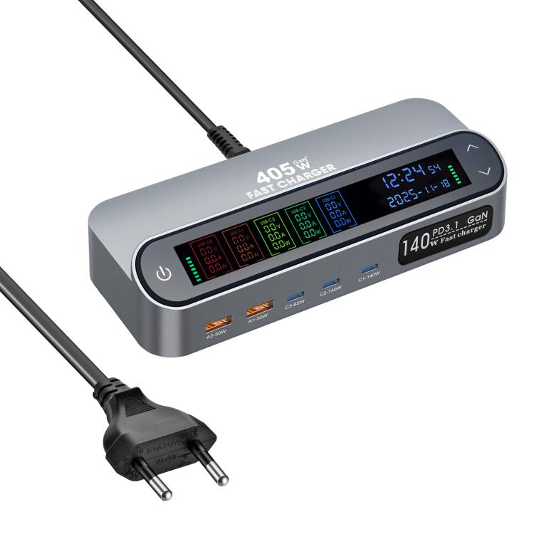 YMX-LCD405W 405W 3 ports Type-C et 2 ports USB GaN Chargeur multifonction intelligent avec écran numérique, prise australienne, prise européenne, prise britannique, prise américaine