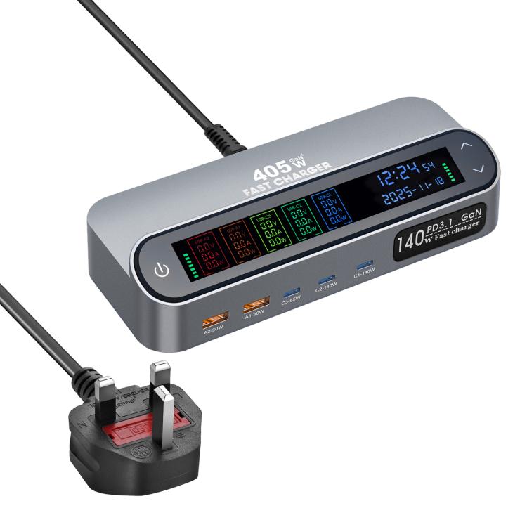 YMX-LCD405W 405W 3 ports Type-C et 2 ports USB GaN Chargeur multifonction intelligent avec écran numérique, prise australienne, prise européenne, prise britannique, prise américaine
