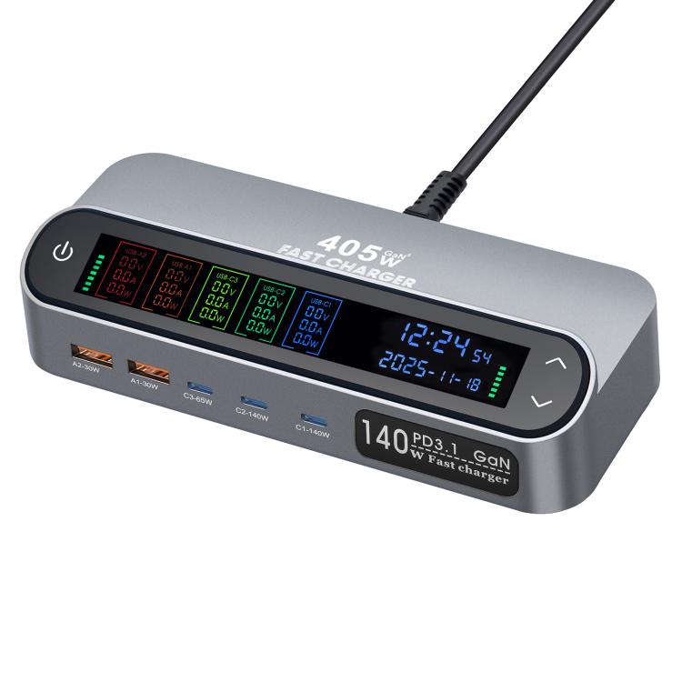 YMX-LCD405W 405W 3 ports Type-C et 2 ports USB GaN Chargeur multifonction intelligent avec écran numérique, prise australienne, prise européenne, prise britannique, prise américaine