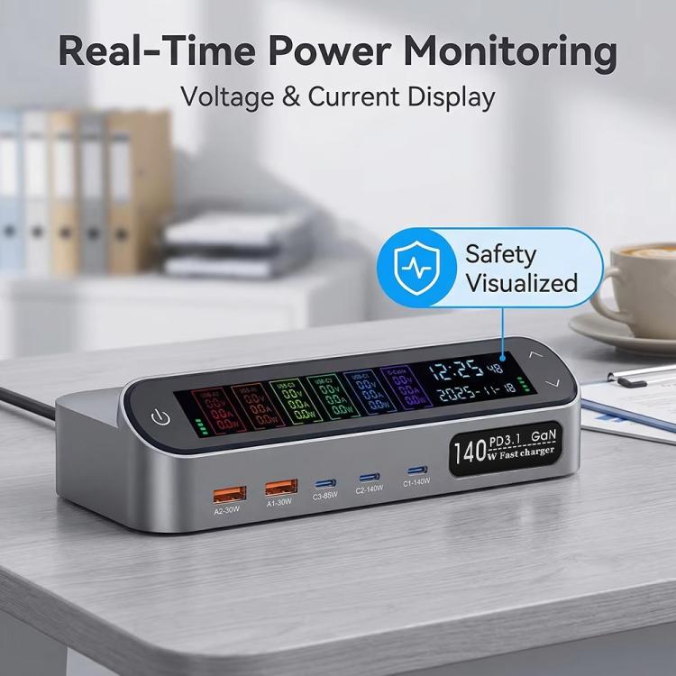 YMX-LCD405W 405W 3 ports Type-C et 2 ports USB GaN Chargeur multifonction intelligent avec écran numérique, prise australienne, prise européenne, prise britannique, prise américaine