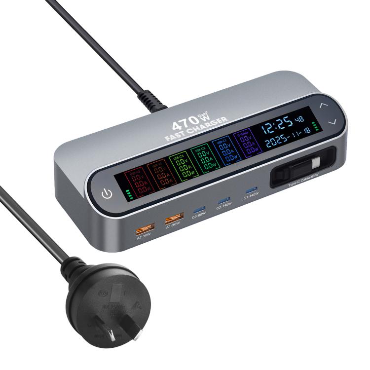 Chargeur multi-fonctions YMX-LCD470W 470W 3xType-C et 2xUSB GaN avec affichage numérique intelligent et câble rétractable Type-C, prise AU, prise EU, prise UK, prise US