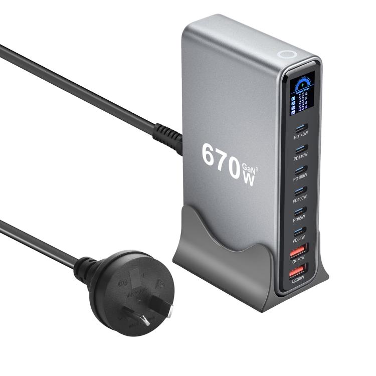 Chargeur multifonction YMX-LCD670W 670W 6xType-C et 2xUSB GaN avec affichage numérique, prise AU, prise EU, prise UK, prise US