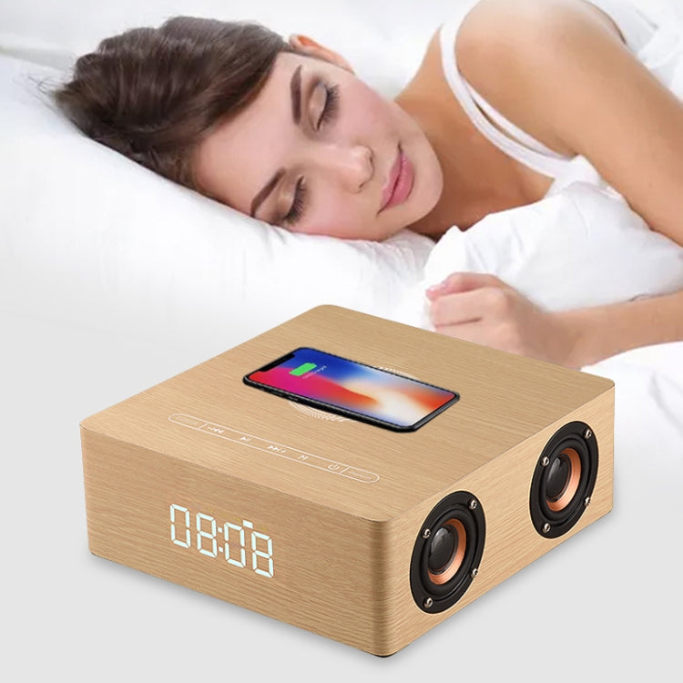 Horloge Multifonctionnelle en Bois à Écran Tactile Enceinte Bluetooth avec Charge Sans Fil, Support Carte TF & Clé USB & AUX 3,5mm, Q5A