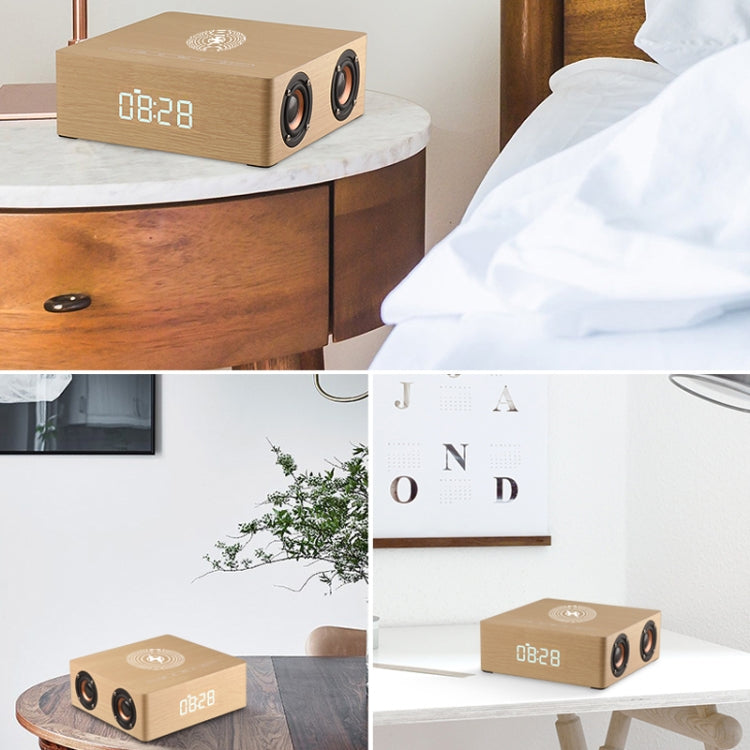 Horloge Multifonctionnelle en Bois à Écran Tactile Enceinte Bluetooth avec Charge Sans Fil, Support Carte TF & Clé USB & AUX 3,5mm, Q5A