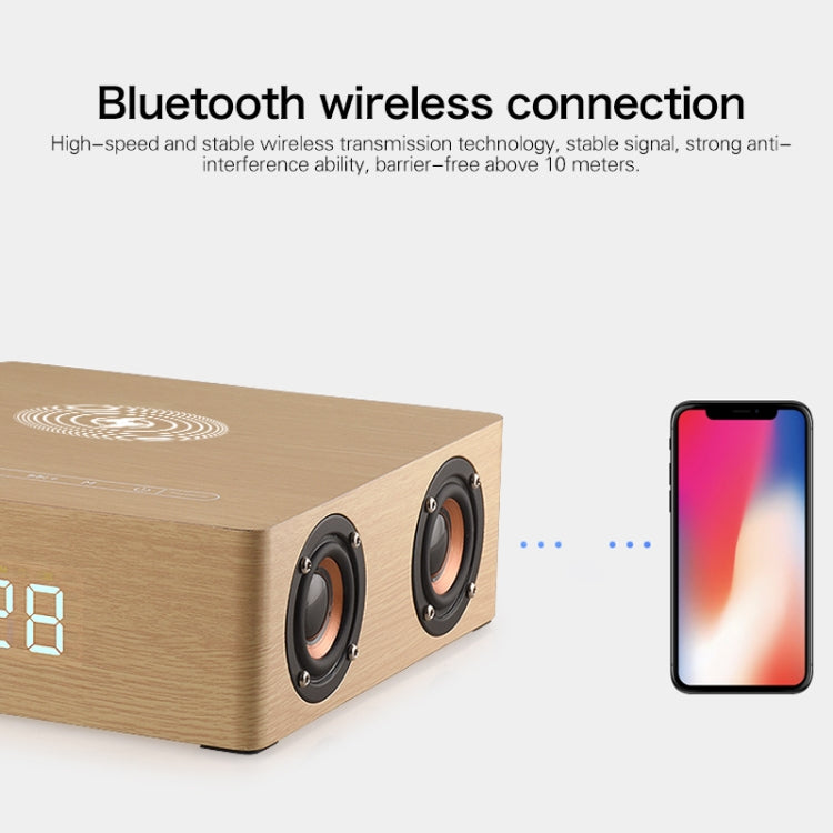 Horloge Multifonctionnelle en Bois à Écran Tactile Enceinte Bluetooth avec Charge Sans Fil, Support Carte TF & Clé USB & AUX 3,5mm, Q5A