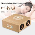 Horloge Multifonctionnelle en Bois à Écran Tactile Enceinte Bluetooth avec Charge Sans Fil, Support Carte TF & Clé USB & AUX 3,5mm, Q5A