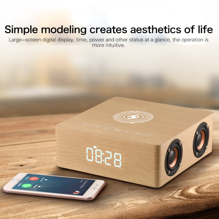 Horloge Multifonctionnelle en Bois à Écran Tactile Enceinte Bluetooth avec Charge Sans Fil, Support Carte TF & Clé USB & AUX 3,5mm, Q5A