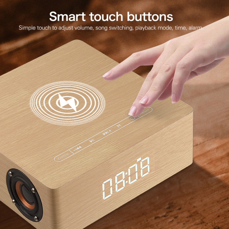 Horloge Multifonctionnelle en Bois à Écran Tactile Enceinte Bluetooth avec Charge Sans Fil, Support Carte TF & Clé USB & AUX 3,5mm, Q5A