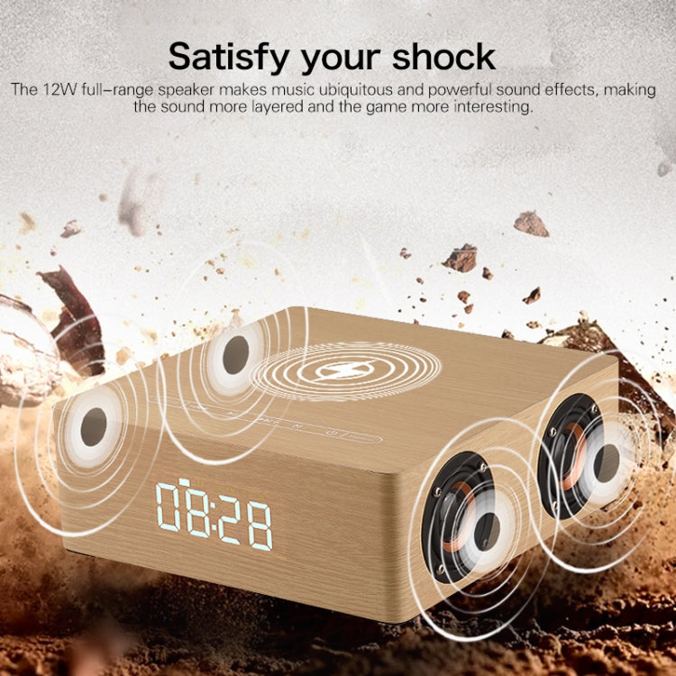 Horloge Multifonctionnelle en Bois à Écran Tactile Enceinte Bluetooth avec Charge Sans Fil, Support Carte TF & Clé USB & AUX 3,5mm, Q5A
