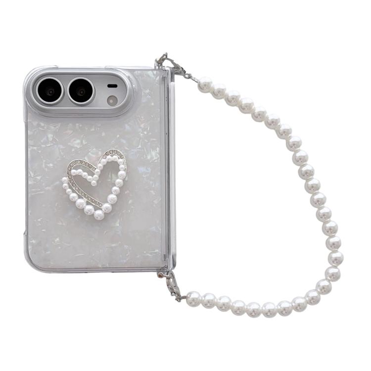 Side Buckle Shell Pattern Heart Phone Case with Beaded Strap, For iPhone Duo