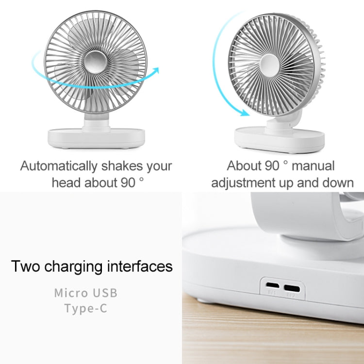 D77 Ventilateur de Bureau Automatique à Tête Oscillante Portable Rechargeable 4W Micro USB & USB-C / Type-C à Quatre Vitesses Réglables, Micro USB & USB-C / Type-C