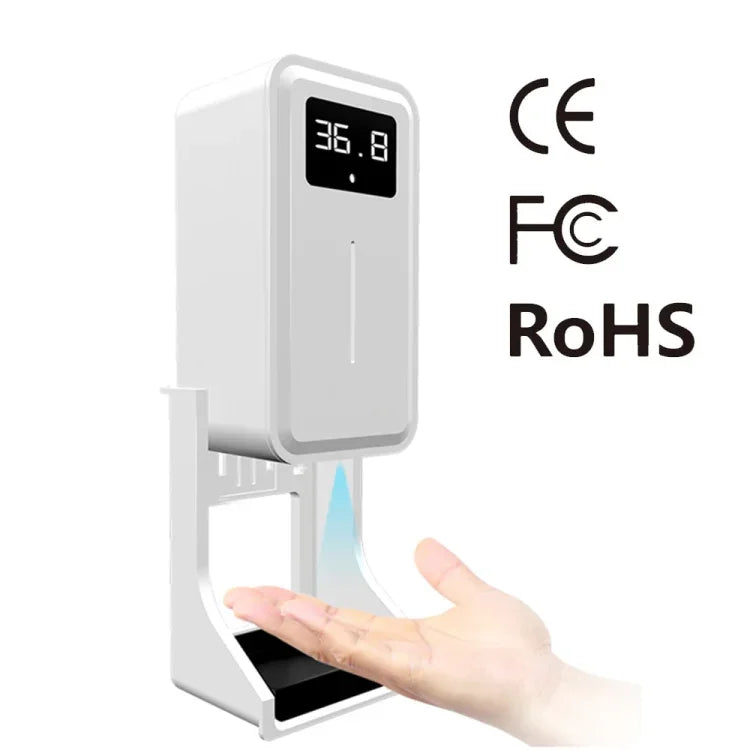 Rehabor A Thermomètre sans contact mains libres à capteur de distance sensible à la lumière corporelle + distributeur automatique de savon liquide sans contact 450ml avec support mural, Rehabor A
