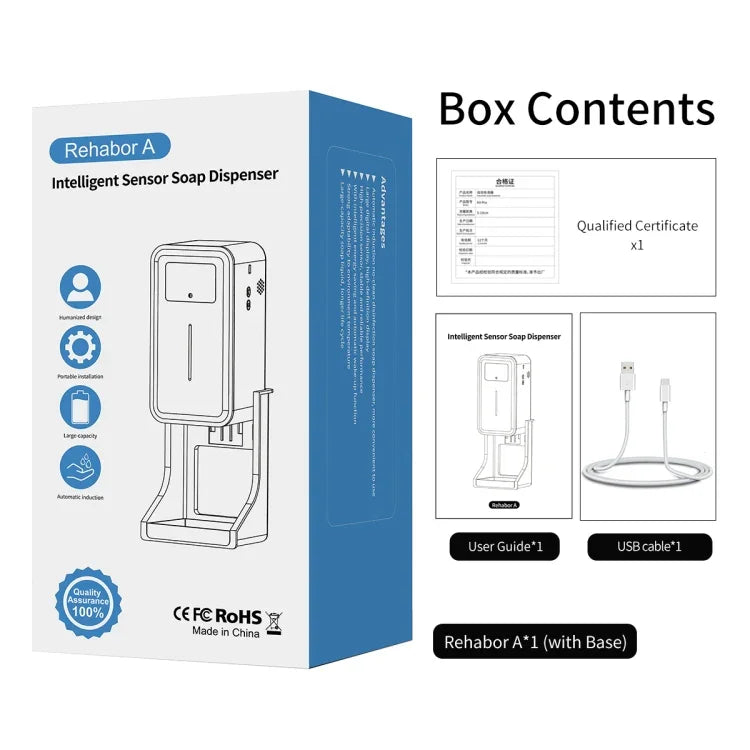Rehabor A Thermomètre sans contact mains libres à capteur de distance sensible à la lumière corporelle + distributeur automatique de savon liquide sans contact 450ml avec support mural, Rehabor A