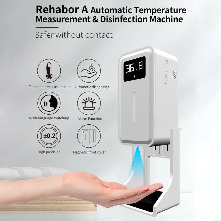 Rehabor A Thermomètre sans contact mains libres à capteur de distance sensible à la lumière corporelle + distributeur automatique de savon liquide sans contact 450ml avec support mural, Rehabor A