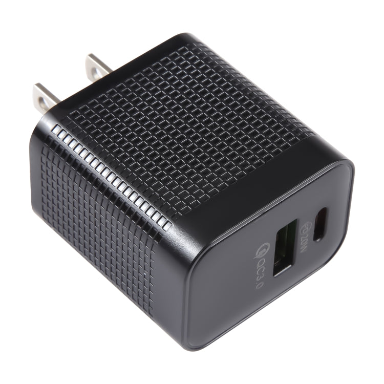 Chargeur de voyage PD 20W USB-C/Type-C + QC 3.0 USB à motif à carreaux, prise US, prise US (Noir)