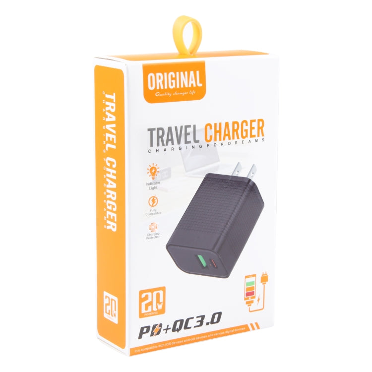 Chargeur de voyage PD 20W USB-C/Type-C + QC 3.0 USB à motif à carreaux, prise US, prise US (Noir)