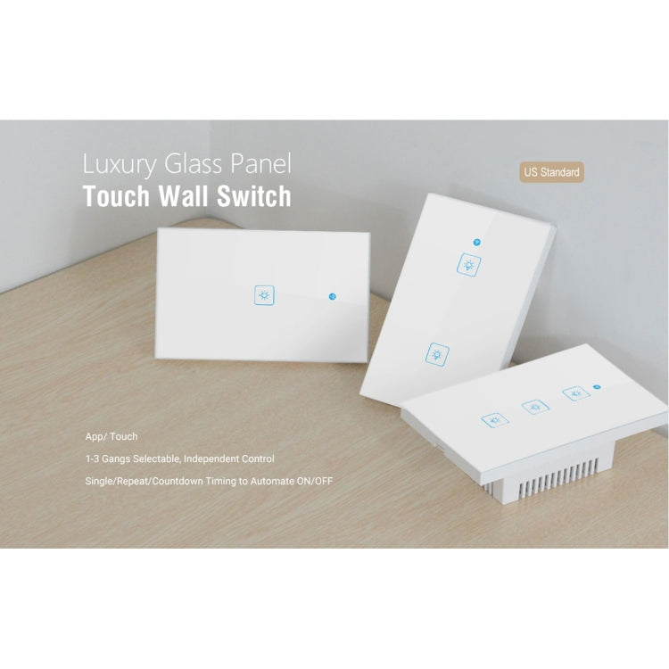 Interrupteur mural intelligent WS-US-02 panneau verre trempé 2 canaux 2A contrôle tactile & APP EWeLink, AC 90V-250V, prise US, 2 canaux
