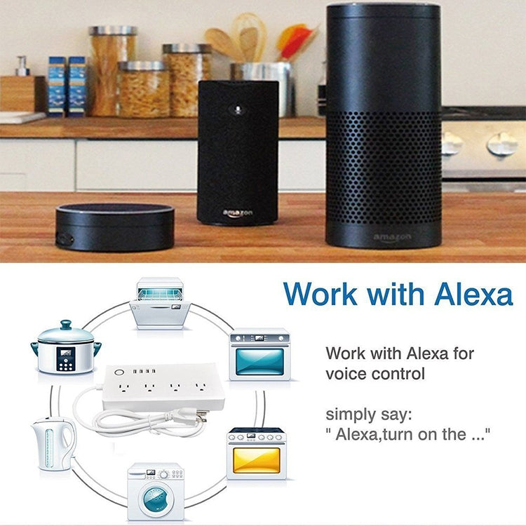4 ports USB + 4 prises US, prise secteur intelligente WiFi avec télécommande, compatible Alexa & Google Home, AC 110-240V, prise US, 4xUSB + 4xprise US (prise US)