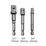 Ensemble de 3 barres d’extension pour douilles, adaptateur à queue hexagonale, embout de perceuse pour écrous (1/4, 3/8, 1/2 pouce), longueur 65-73mm