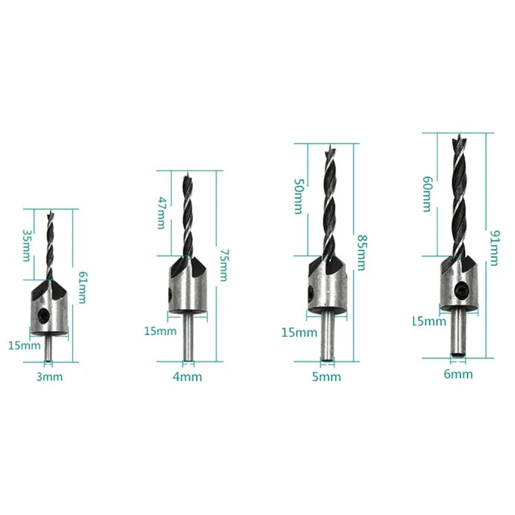 Ensemble de Forets à Contre-dépouille 4 en 1 en Acier Rapide Trois Pointes pour Travail du Bois, 3-6mm, 4 PCS/Set