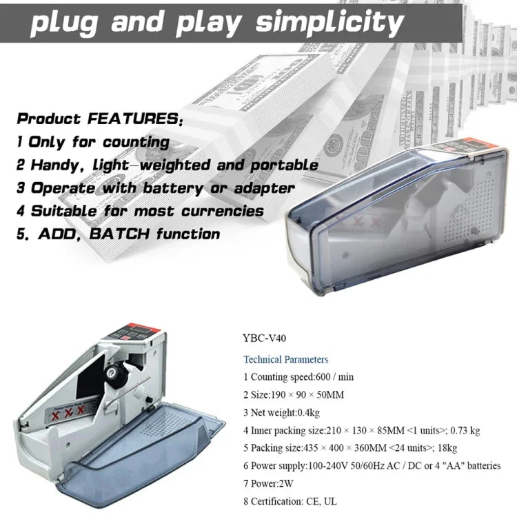 Compteuse de billets V40, mini, portable, petite, spécification : prise UE, prise UE