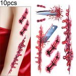 10 autocollants de tatouage temporaire réalistes S-045 pour blessures de terreur d'Halloween, S-045/10 pièces
