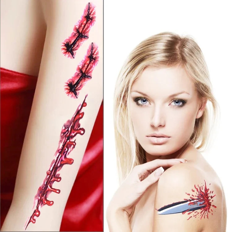 10 autocollants de tatouage temporaire réalistes S-045 pour blessures de terreur d'Halloween, S-045/10 pièces