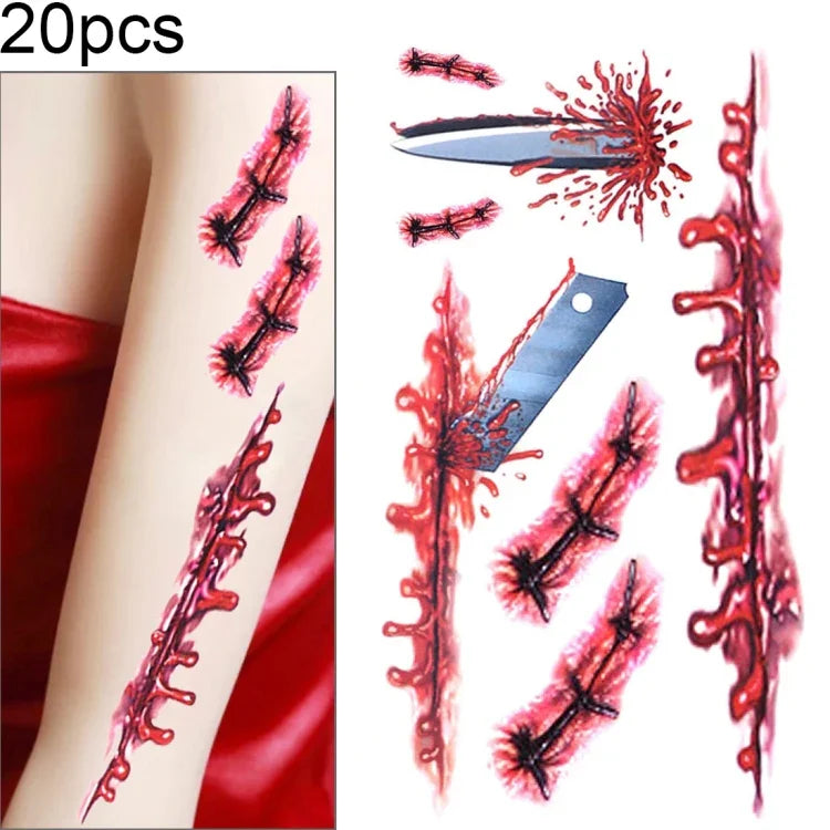 S-045 Tatouage temporaire Halloween Effroi Blessure Sang Réaliste Cicatrice Autocollant, S-045/20pcs
