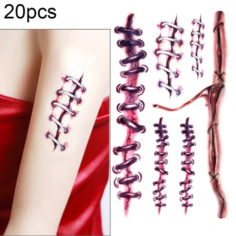 20 autocollants de tatouage temporaire réaliste S-169 Halloween Terreur Blessure Cicatrice, S-169/20 pièces