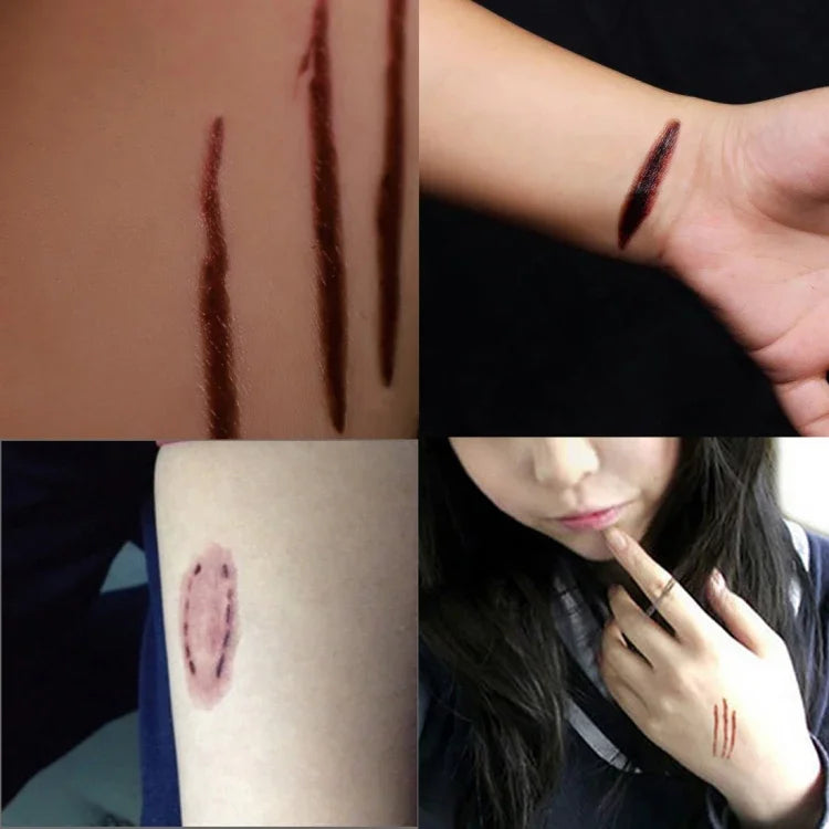 10 autocollants de tatouage temporaire S-250 sur le thème de la terreur d'Halloween, avec cicatrices de blessures et égratignures réalistes, S-250/10 pièces