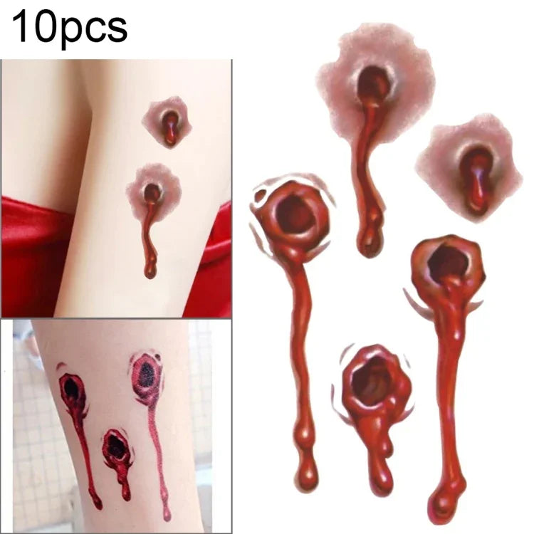 10 autocollants de tatouage temporaire réalistes S-251 Halloween Terreur Balle Blessure Sang, S-251/10pcs