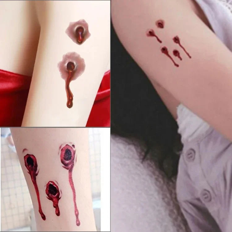 10 autocollants de tatouage temporaire réalistes S-251 Halloween Terreur Balle Blessure Sang, S-251/10pcs