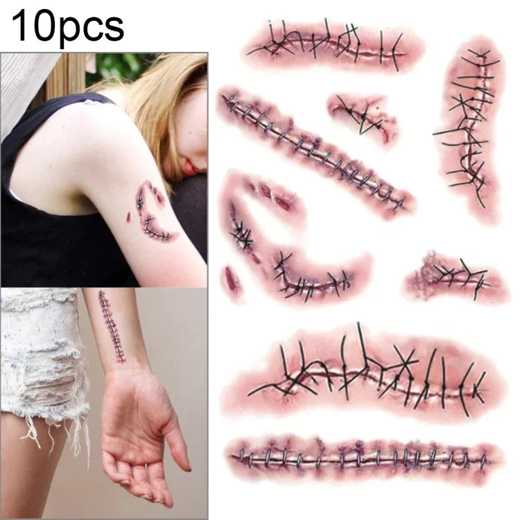 10 autocollants de tatouage temporaire réaliste pour blessure S-263 Halloween Terreur, S-263/10pcs