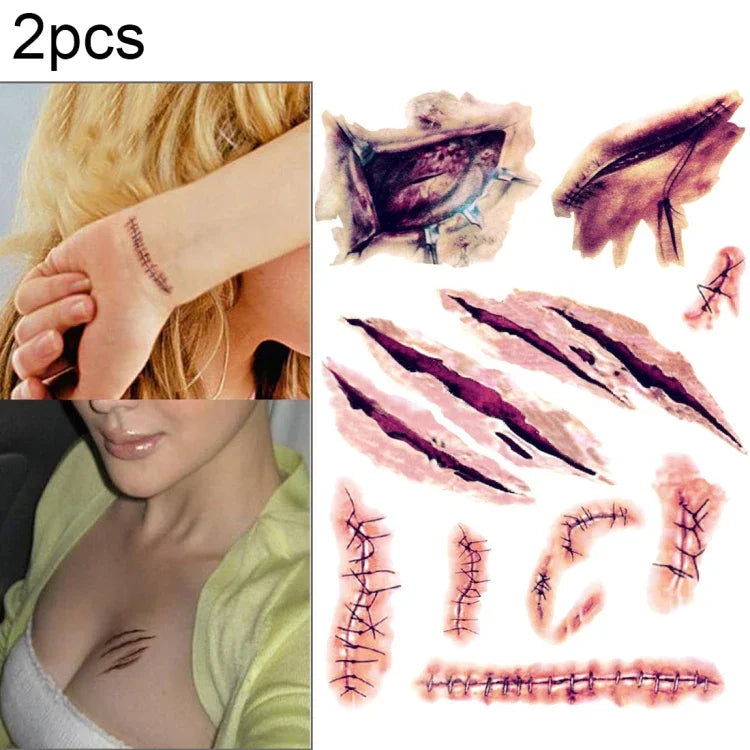 2pcs V-06 Halloween Terreur Blessure Cicatrice Réaliste Autocollant Tatouage Temporaire, V-061/2pcs