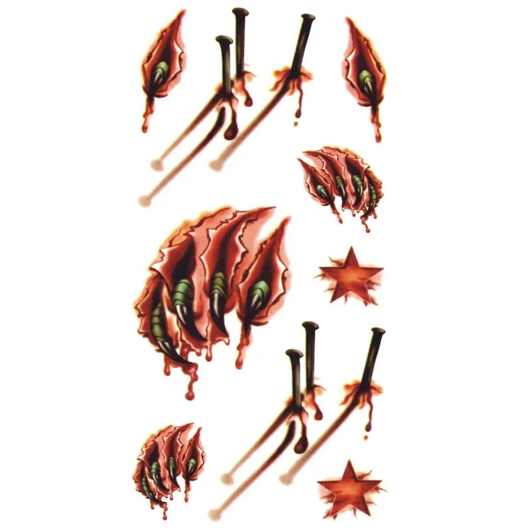 20 autocollants de tatouage temporaire S-024 Halloween Terreur, blessure réaliste, sang, cicatrice, S-024/20pcs