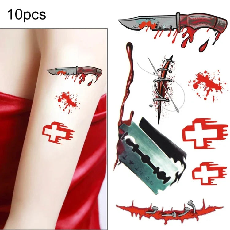 10 autocollants de tatouage temporaire S-299 pour blessure d'Halloween, cicatrice réaliste, terreur, S-299/10 pièces
