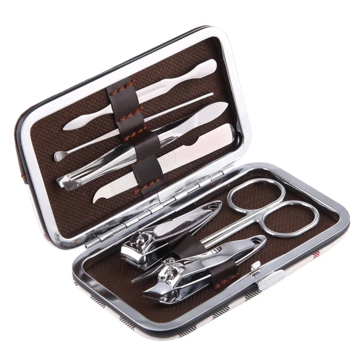 Trousse de pédicure et manucure 7 en 1 (coupe-ongles droit, coupe-ongles oblique, double curette, ciseaux à sourcils, pince à épiler, cure-oreilles, lime à ongles double face) avec étui en cuir, 7 en 1