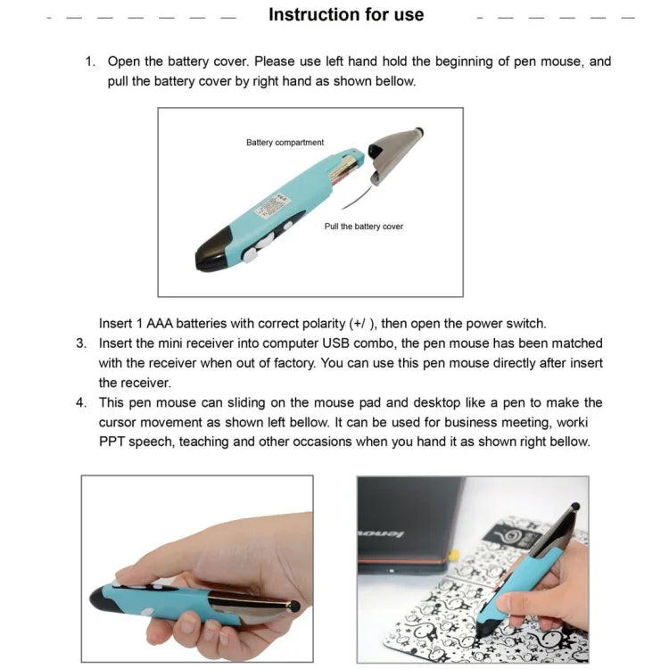 Souris sans fil intelligente portative 2,4 GHz innovante de style stylo pour PC portable, rouge, bleu, gris