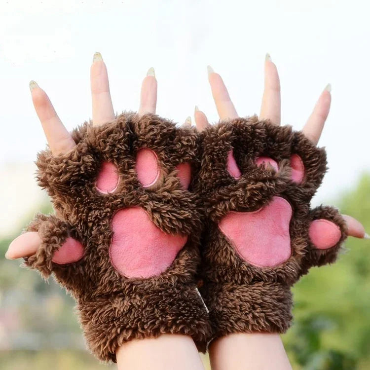 Gants Femme Hiver Mignons Motif Patte de Chat Épais Chauds Moelleux Demi-Doigts