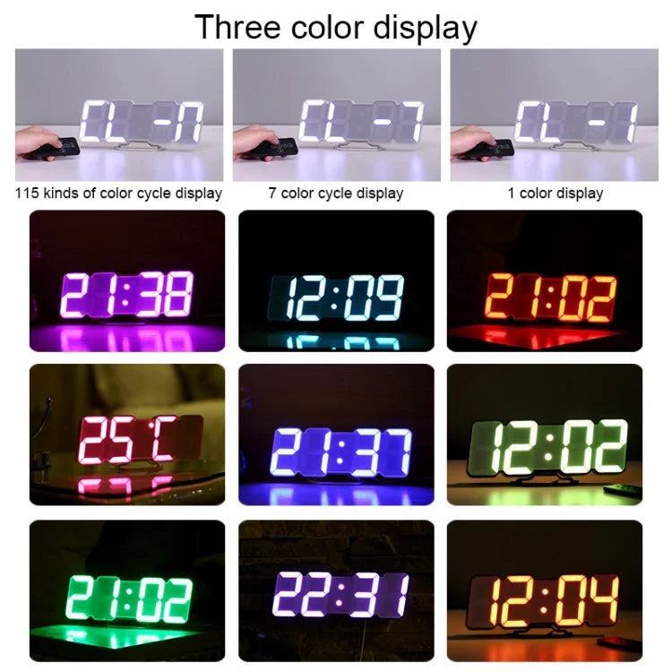 Réveil numérique moderne 3D LED à contrôle sonore coloré avec réglage de la luminosité, horloge murale électronique lumineuse suspendue avec télécommande, 9001 Noir, 9001 Blanc