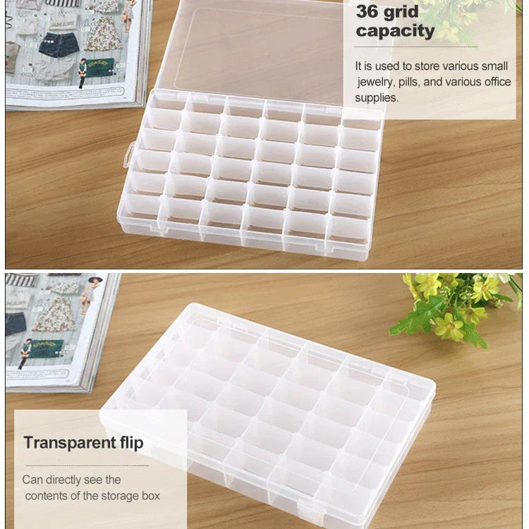 Boîte de rangement organisatrice en plastique Compartiment à grille amovible pour bijoux, boucles d'oreilles, hameçons, petits accessoires, Taille: Large, 36 fentes, 36 emplacements