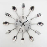 Horloge murale créative en acier inoxydable pour cuisine et salon avec couteau et fourchette, quartz