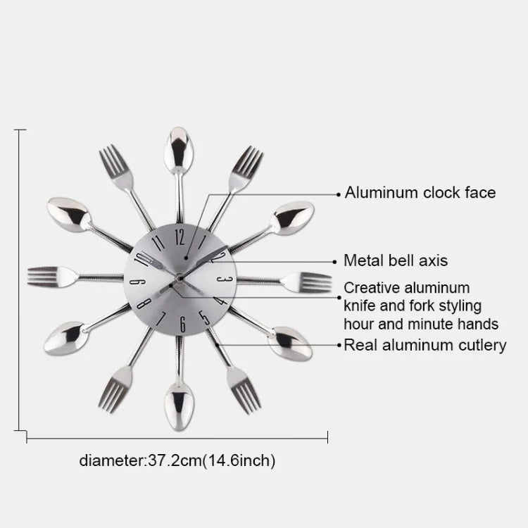 Horloge murale créative en acier inoxydable pour cuisine et salon avec couteau et fourchette, quartz