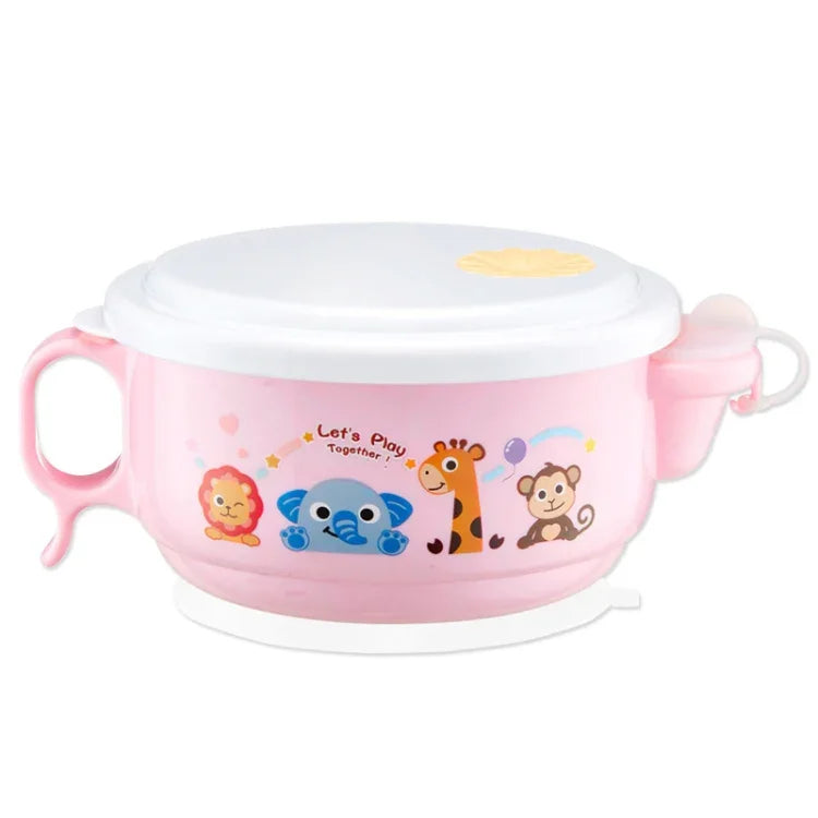 Bol Double Couche Style Dessin Animé 450ml Intérieur Acier Inoxydable et Extérieur Plastique avec Couvercle et Poignées pour Enfant de 2 à 9 Ans