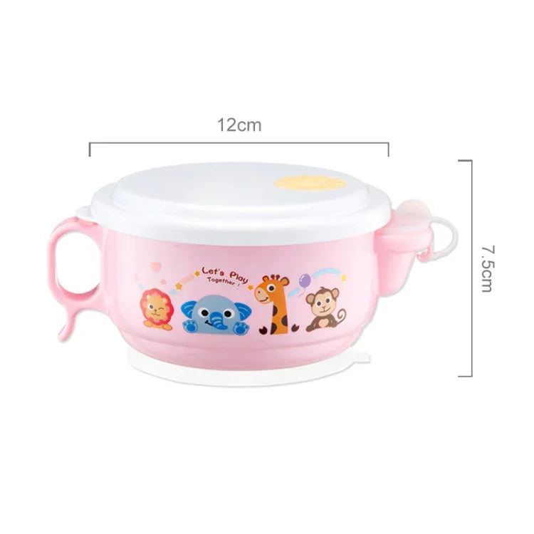 Bol Double Couche Style Dessin Animé 450ml Intérieur Acier Inoxydable et Extérieur Plastique avec Couvercle et Poignées pour Enfant de 2 à 9 Ans