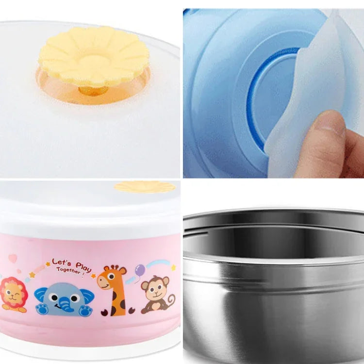 Bol Double Couche Style Dessin Animé 450ml Intérieur Acier Inoxydable et Extérieur Plastique avec Couvercle et Poignées pour Enfant de 2 à 9 Ans