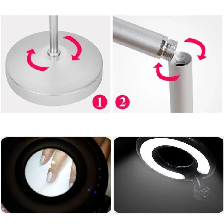 Loupe de table avec bras pivotant pliable 5X et lampe lumineuse pour le visage, le tatouage, les sourcils, les ongles et les soins de beauté, lumière blanche froide