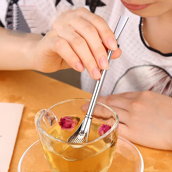 Paille filtrante en acier inoxydable pour feuilles de thé, infuseur à herbes, passoire à thé, cuillère à mélanger pour jus, café