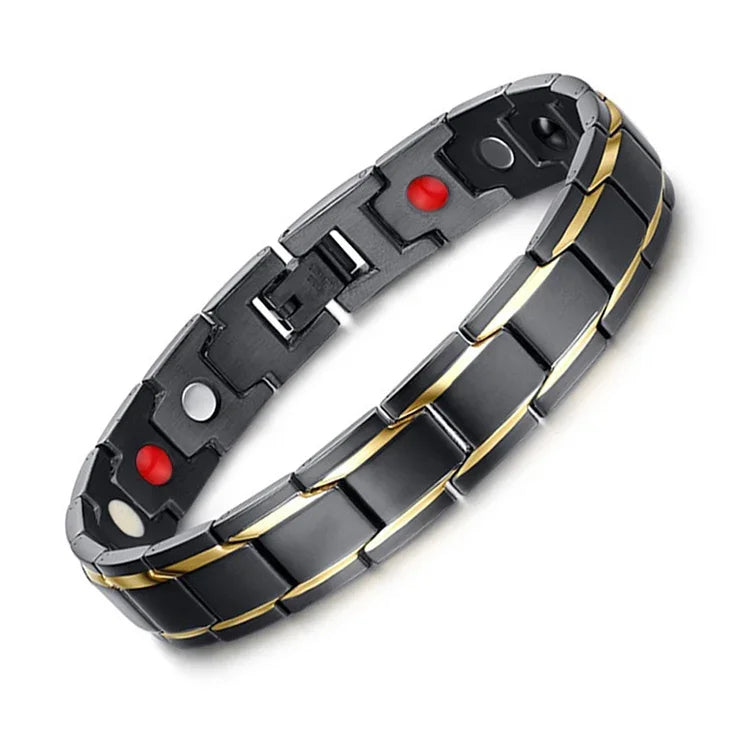 Bracelet magnétique de santé pour hommes, style européen et américain, en acier inoxydable et placage or, Taille : 12mm*22cm (Noir+Or)
